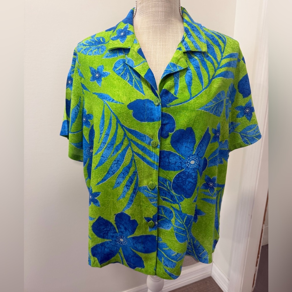 VINTAGE Jams World Blue Green Floral LANIKAI GREEN Camp Shirt Top Size L